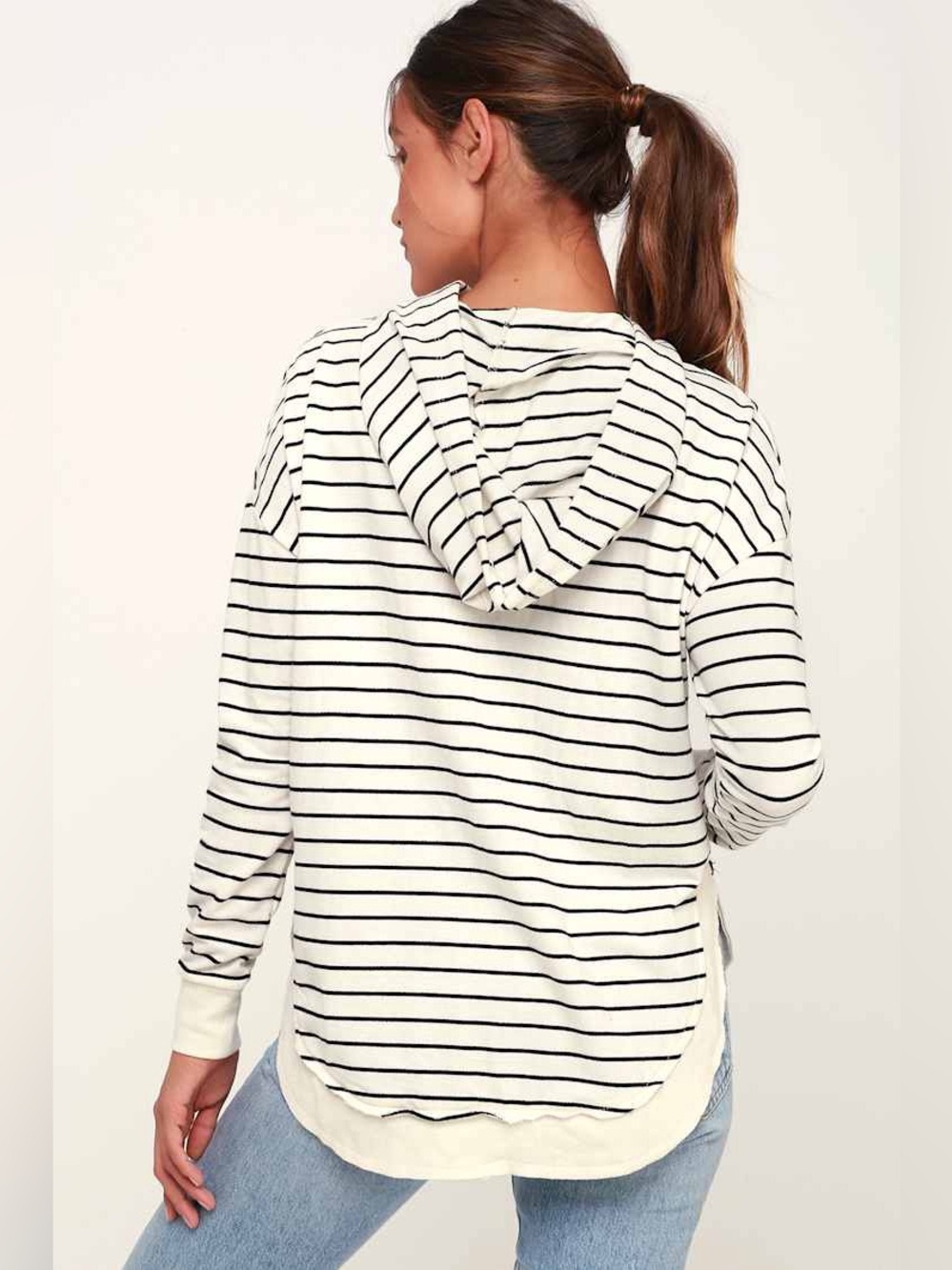 Z Supply Dakota Ivory Striped Pull-Over Hoodie Cozy Hooded Sweater Top - Medium - Picture 2 of 11